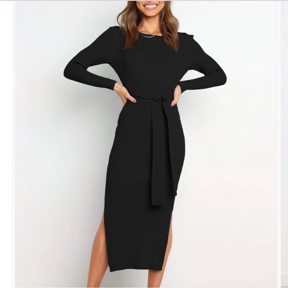 New Anrabess Slim-fit Knitted ribbed long sleeve slit Midi Sweater Dress
